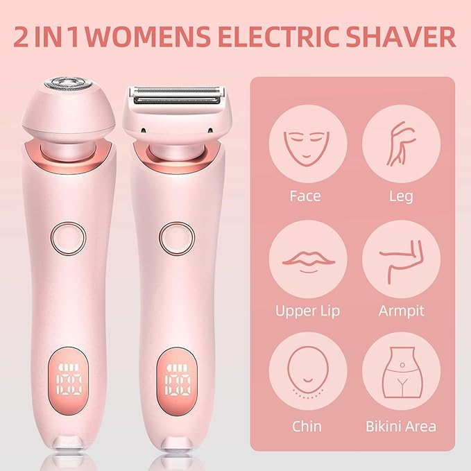 Womens Electric Shaver, 2 in 1 Razor for Women, Wet & Dry Electric Waterproof Razor with LED Display, Cordless Bikini Trimmer for Sensitive Skin, Painless Hair Removal