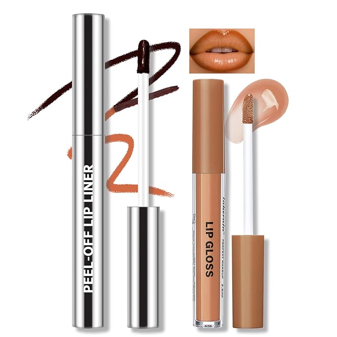Nude Peel Off Lip Liner Stain Tattoo with Light Nude Lip Gloss Glow Oil, Non-Stick Cup High Shine Lip Combo Waterproof Long Wear Lightweight Glossy Lipstick Makeup