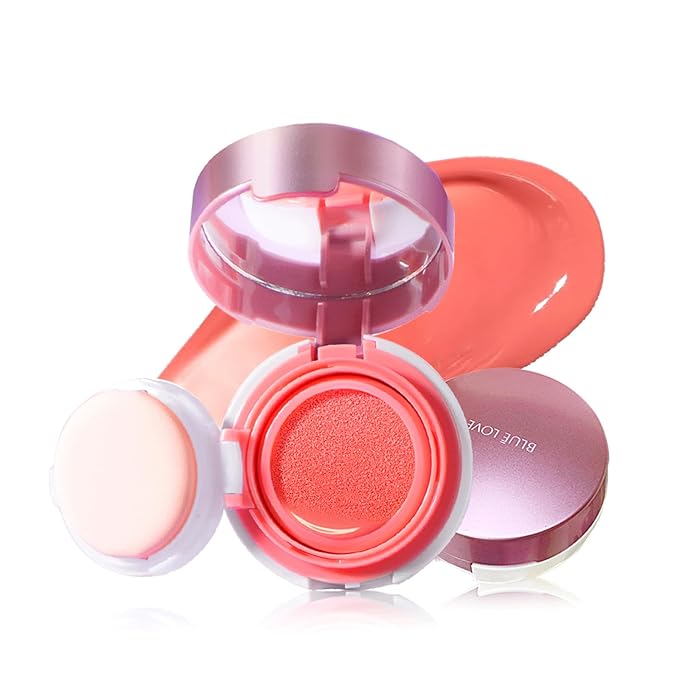 BLUE LOVE Cushion Liquid Blush - Silky Cheek Tint with Mirror, Natural Enhancer for a Radiant Finish, Contours & Highlights for Effortless Elegant (01 Pink Orange)