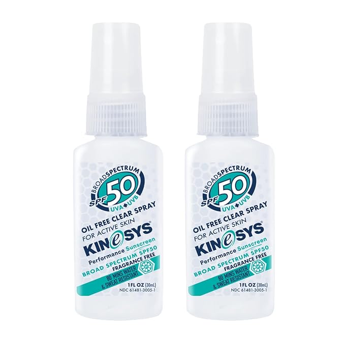 KINeSYS Fragrance Free Clear Spray Sunscreen for sensitive skin, SPF 50, Hypoallergenic, Broad Spectrum UVA/UVB protection Face & Body; PABA and Oxybenzone FREE, 170+ Sprays, 1 Fl Oz/30 ml (Pack of 2)