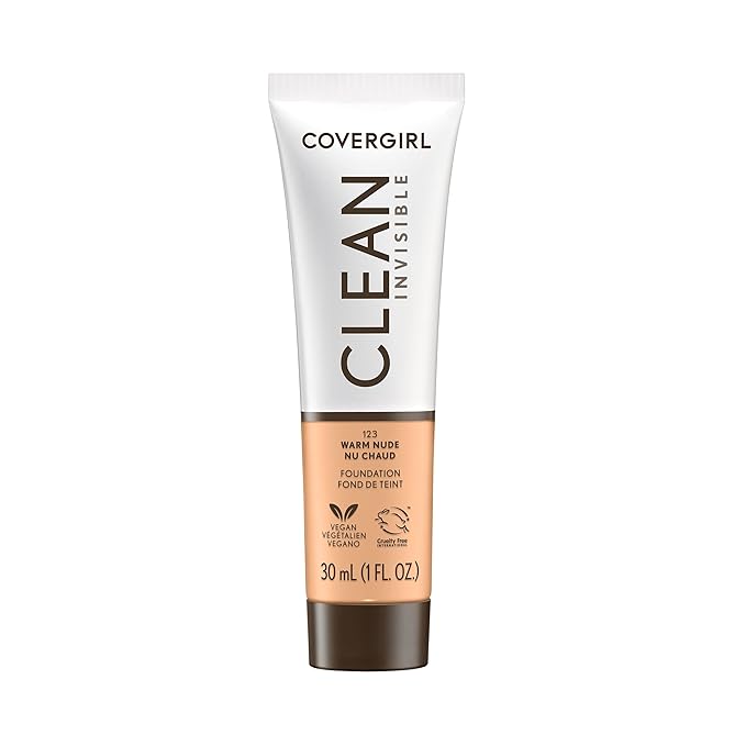 COVERGIRL Clean Invisible Foundation Makeup, Dewy & Glowy Natural Finish, Buildable Coverage, Skin-Like Smooth Look, Vegan, Warm Nude, 1oz