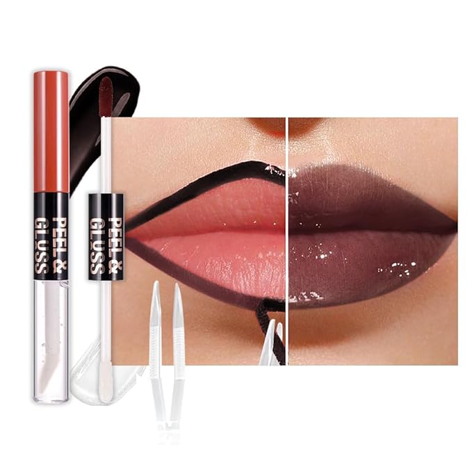 Maroon Lip Stain Peel Off Lip liner and Lip oil with Tweezer, Dual-Ended Peel Off Lip Stain Tattoo, Highly Pigmented Long Lasting Waterproof, Transfer-proof for All Skin Types, 07#