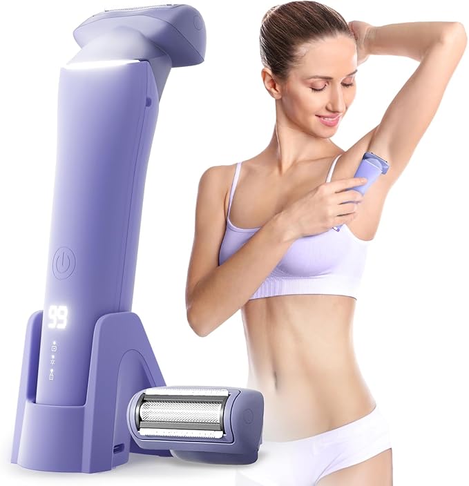 Buqikma Bikini Trimmer for Women - Painless Rechargeable Electric Razor Silk-Smooth Pubic Hair Trimmer Ipx6 Waterproof & Bikini Shaver with Charge Dock for Full Body with Ceramic Blade, Purple