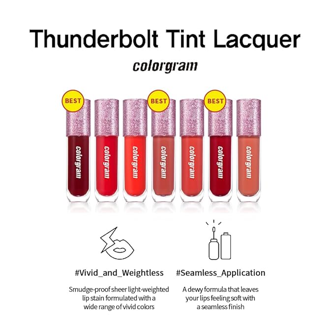 COLORGRAM Thunderbolt Tint Lacquer 08 Crush Tok | High Pigment, Vivid Color, Long Lasting Lip Stain, Moisturizing with Argan Oil, Hydrating, Buildable & Blendable, (0.2 fl.oz, 4.5g)