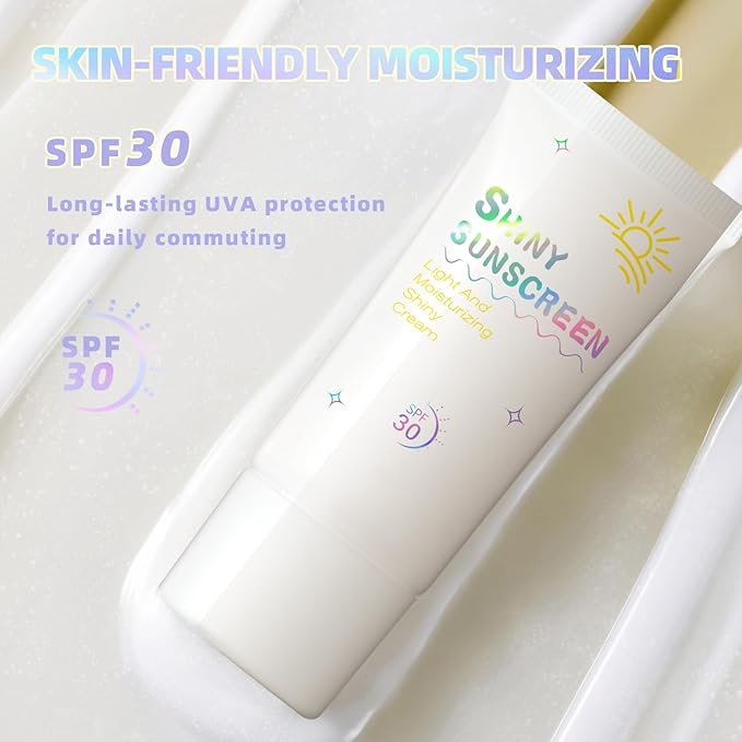 Shimmer Face Primer with Sunscreen, SPF 30, Highlighting Fine Glitter Brightening + Sun Protection, Moisturizing Sunscreen, Natural & Refreshing, Oil-Controlling,Non-Greasy Isolation Primer