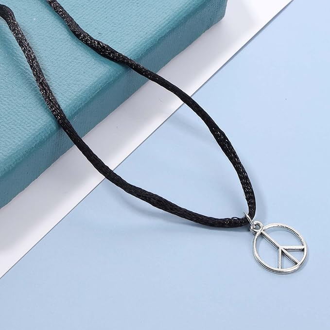 Boho Peace Choker Necklace Black Cord Circle Necklace Short Round Necklace Vegan Necklace Chain Jewelry for Women and Girls