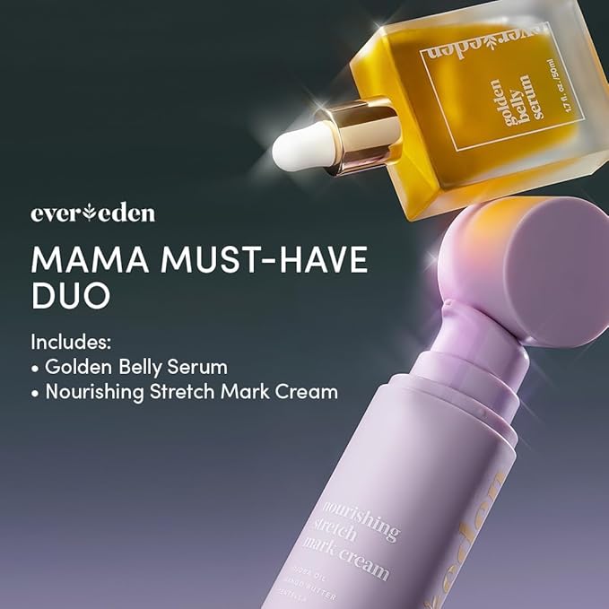 Evereden Mama DUO w/t Gua Sha - Golden Belly Stretch Mark Oil & Nourishing Stretch Mark Cream - Dermatologist-Developed Clean & Vegan Maternity Skin Care for Skin Hydration