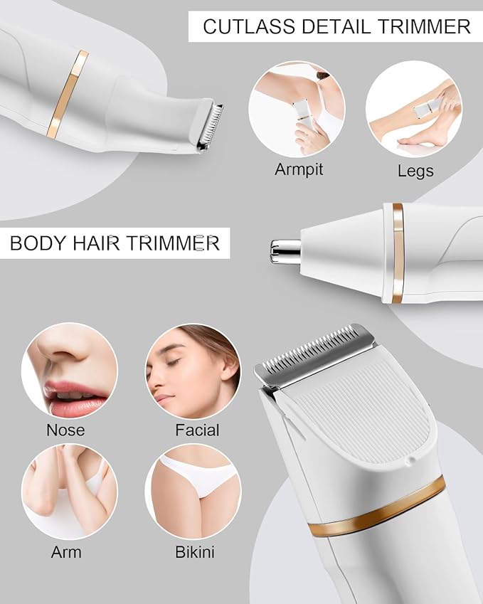 AREYZIN Bikini Trimmer for Women Painless Electric Razor for Women,3 in 1 Pubic Hair Trimmer,USB Recharge Dock,Replaceable Ceramic Blade Heads,IPX7,White