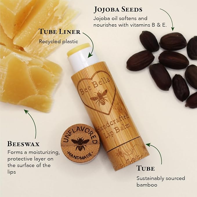 Bee Bella Lip Balm, Unscented (Unflavored), 3 Pack - Hydrating, Moisturizing Lip Care, 100% Natural, Original Organic Beeswax with Vitamin E, Handmade in USA