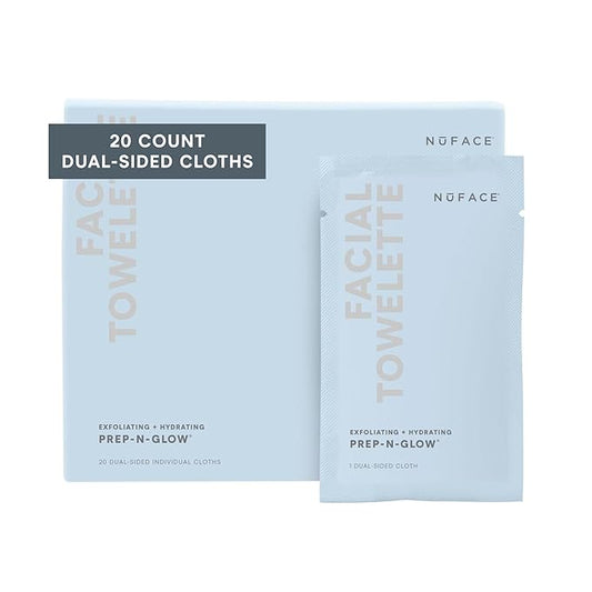 NuFACE Prep-N-Glow Facial Towelettes - 2-in-1 Exfoliating + Cleansing Makeup Remover Wipes, Hyaluronic Acid Travel Face Wipes to Hydrate & Brighten for Glowing Skin - 20 Individually Wrapped Cloths