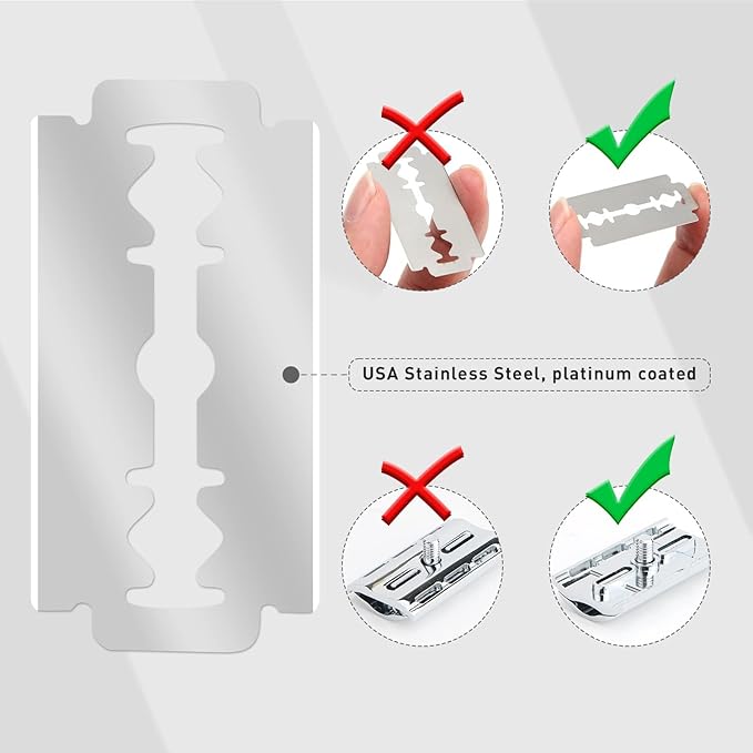 Double Edge Safety Razor with Stand, Single Blade Razors for Men and Women, Metal 1 Blade Razor, with 10 Platinum Coated Stainless Steel Double Edge Blades, Smooth and Close Shave, Silver