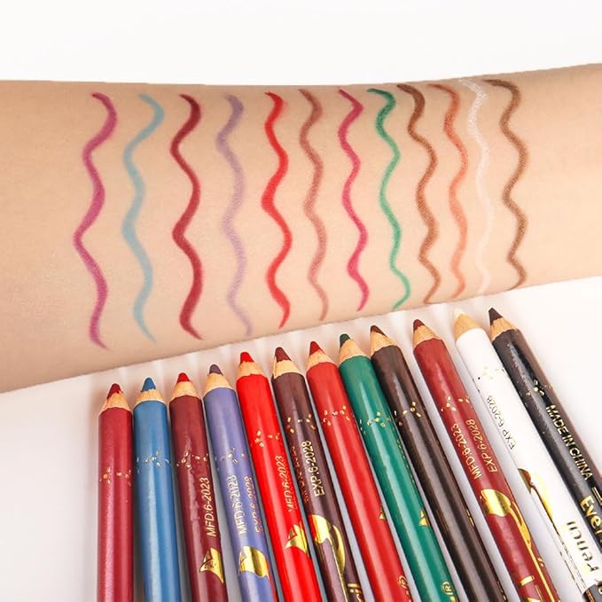 12 Pcs Double Head Rich Vibrant Colors Lip Liner Pencils Eye Liner Sticks Set with Sharpener for Daily Makeup,Easy to Apply & Remove,Waterproof (A)