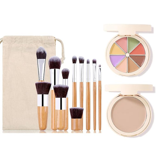 Foundation Concealer Palette with Makeup Sponges & Applicator, 11 Pcs Foundation Powder Concealers Eye shadows Blush Makeup Brushes, 2 in 1 Compact Contouring Duo Layer Plate, Pearl White