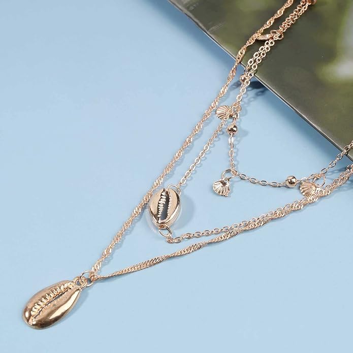 Boho Coin Disc Necklace Choker Gold Layered Shell Pendant Necklace Vintage Seashell Necklace Retro Singapore Chain Necklace Jewelry for Women Gifts