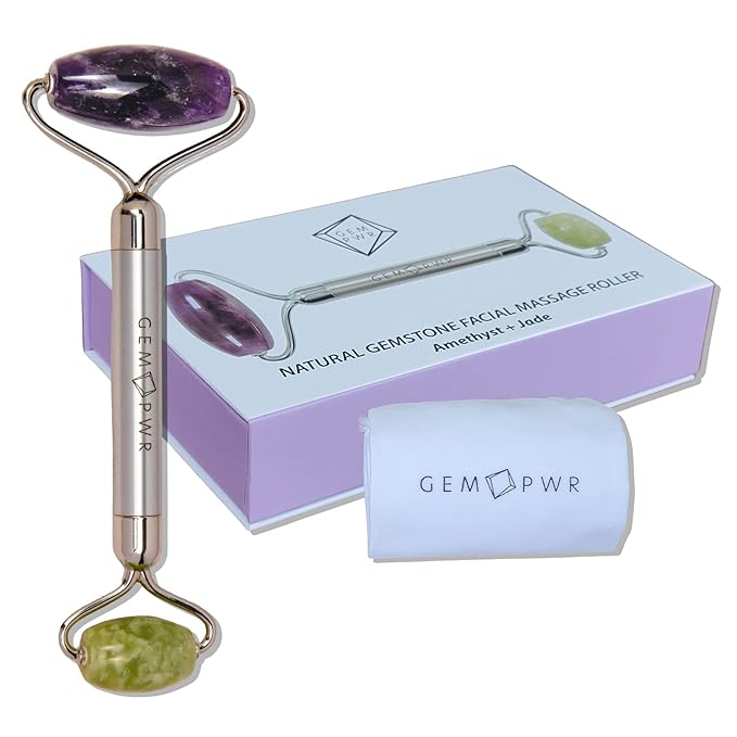 Amethyst + Jade Roller for Face and Neck Massage, Dual Gemstones with Durable Steel Handle and Travel Bag. Minimize Wrinkles, Reduce Puffiness and Restore Skin's Elasticity and Radiance