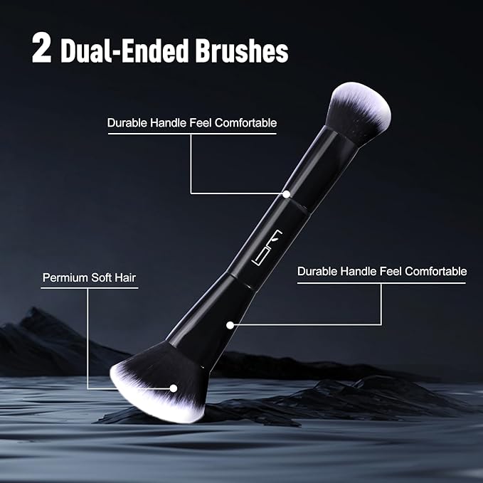 2Pcs Duo End Makeup Brushes, Foundation, Powder, Contour, Concealer, eye makeup Brush, Double-ended Multi-functional Synthetic Cosmetic Tools Makeup Brushes(Black)