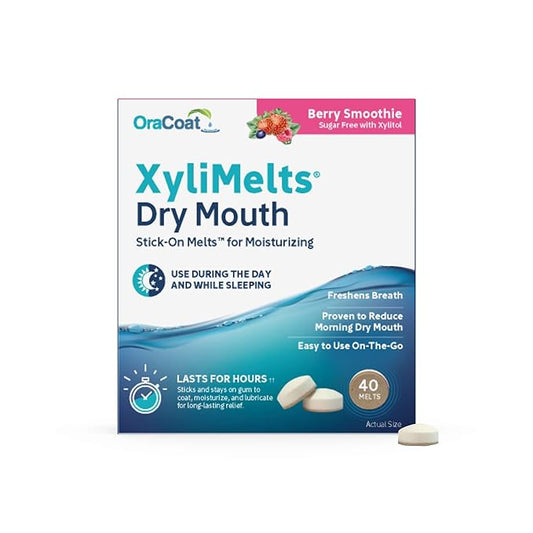 Oracoat XyliMelts for Dry Mouth Night Time or Day - Moisturizing Dry Mouth Adhering Discs, Sugar Free with Xylitol, 40 Count, Berry Smoothie Flavor, 8-Hour Relief