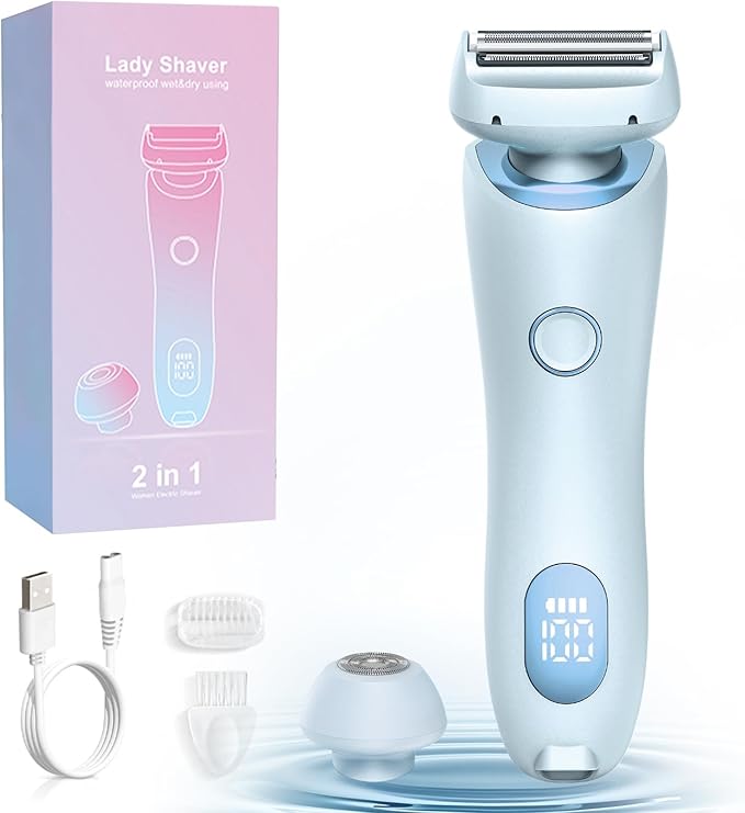Livora Electric Shaver for Women, 2 in 1 Wet & Dry Bikini Trimmer with 2 Removable Heads, The Glide Pro 3.0 Razor, Painless Hair Removal for Bikini, Legs, Underarms, Body (Blue)