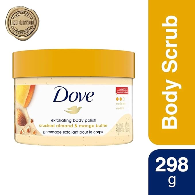 Dove Scrub Crushed Almond & Mango Butter For Silky Smooth Skin Body Scrub Exfoliates & Restores Skin's Natural Nutrients 10.5 oz