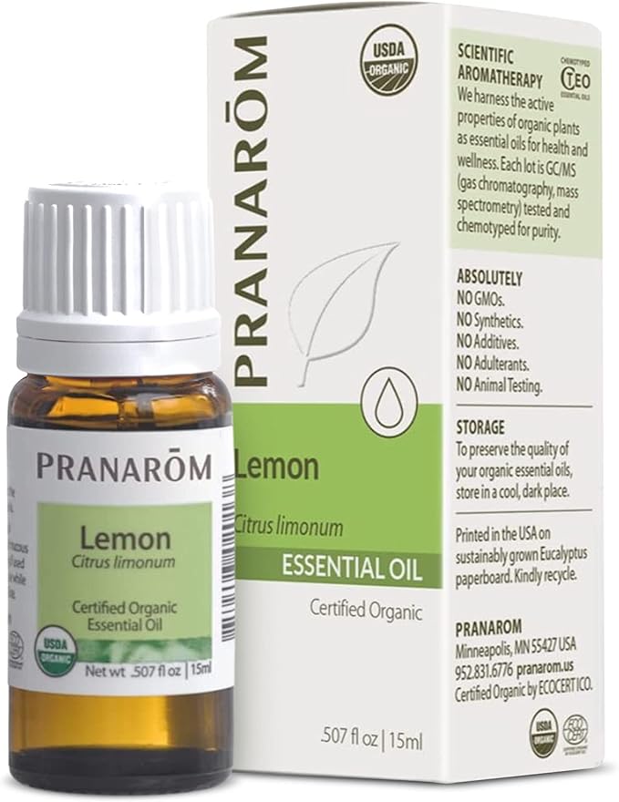 Pranarom USDA Certified Organic Lemon Essential Oil (15ml), 100% Pure Undiluted Therapeutic Grade from Argentina for Aromatherapy, Diffuser, DIY, Cleaning, Fresh Lemon Scent