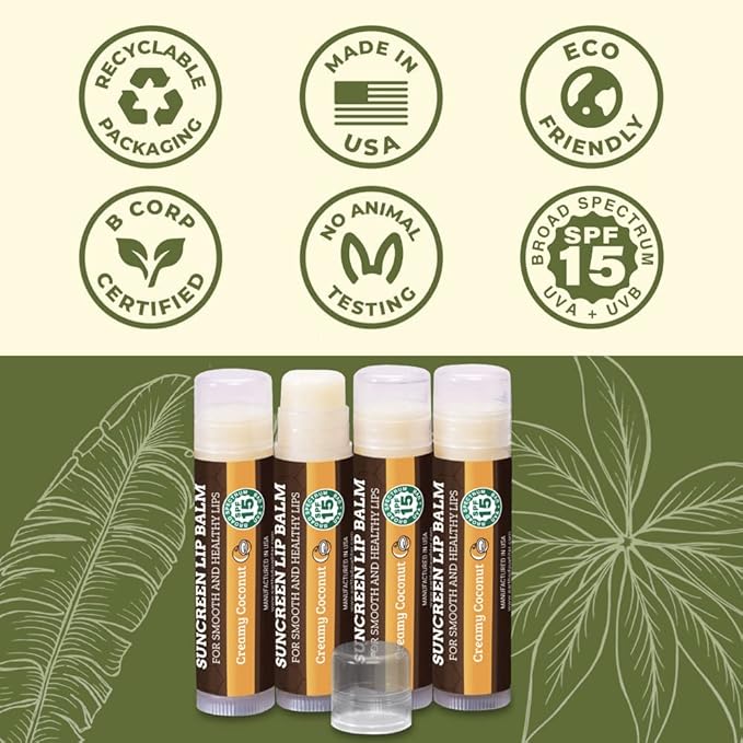 SPF Lip Balm 4-Pack by Earth's Daughter - Lip Sunscreen, SPF 15, Organic Ingredients, Coconut Flavor, Beeswax, Coconut Oil, Vitamin E - Hypoallergenic, Paraben Free, Gluten Free, New