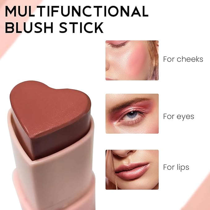 Blush Stick for Cheeks, Cream Blush with Heart-shaped, Dried Rose