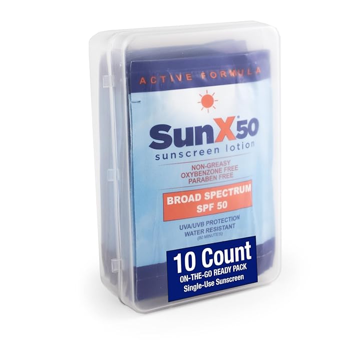 CoreTex Sun X 50 SPF Individual Sunscreen Packets Travel Size (10ct. with Carrying Case) - Free of Parabens, Oxybenzone, Octinoxate - Broad Spectrum (UVA/UVB) Sunscreen - Water Resistant up to 80 Min.