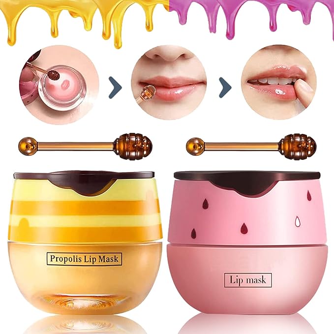 Bee Lip Balm Honey Pot, 2 PCS Strawberry & Honey Lip Masks Hydrating Prevention Dry and Cracked Lip Scrubs Exfoliator,Lip Sleep Mask Reduces Lip Lines,Lip Exfoliating BeeLip Balm Sleeping Lip Mask