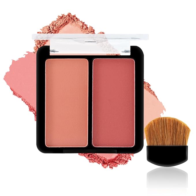 2 Colors Matte Blush Palette with Brush,Pink Blush Blusher,Highly Pigmented
