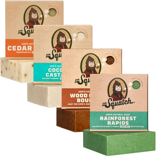 Dr. Squatch Natural Bar Soap for Men - Cold Process Soap with No Harsh Chemicals - Rainforest Rapids, Wood Barrel Bourbon, Coconut Castaway & Cedar Citrus (5 oz, 4-Pack)