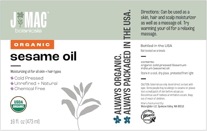 J MAC BOTANICALS, Organic Sesame Oil,