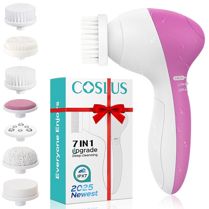 COSLUS Facial Cleansing Brush Silicone Face Scrubber: 7 in 1 FBS-D Electric Exfoliating Rotating Massage Device Waterproof Deep Cleaning Exfoliation Spa Machine - Electronic Skin Care Wash System