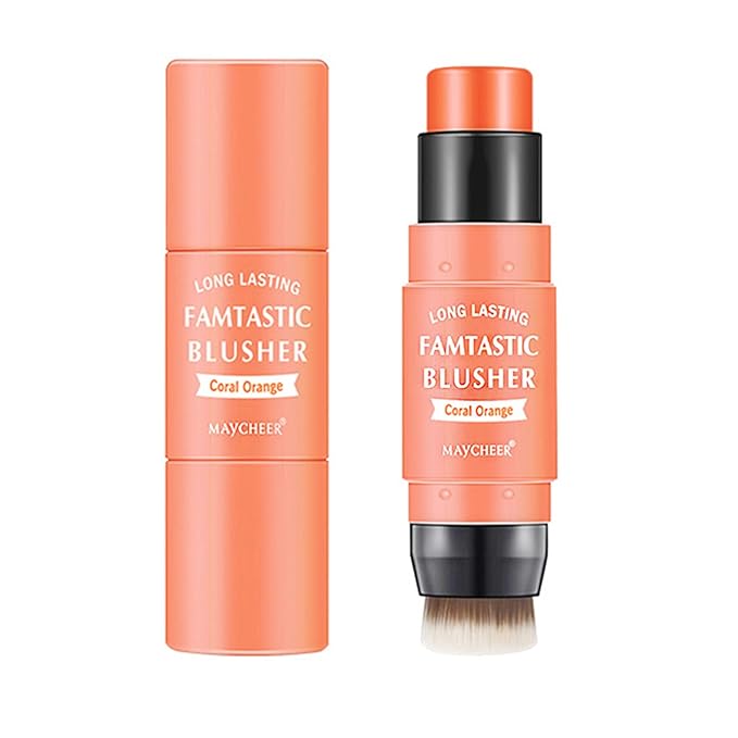 Cream Blush Stick with Brush,3 In 1 Cheek Blush & Lip Tint & Eyeshadow Makeup Stick,Long Lasting Waterproof Cheeks Cream Blush Makeup,Easy To Apply,for All Skin Tones #03