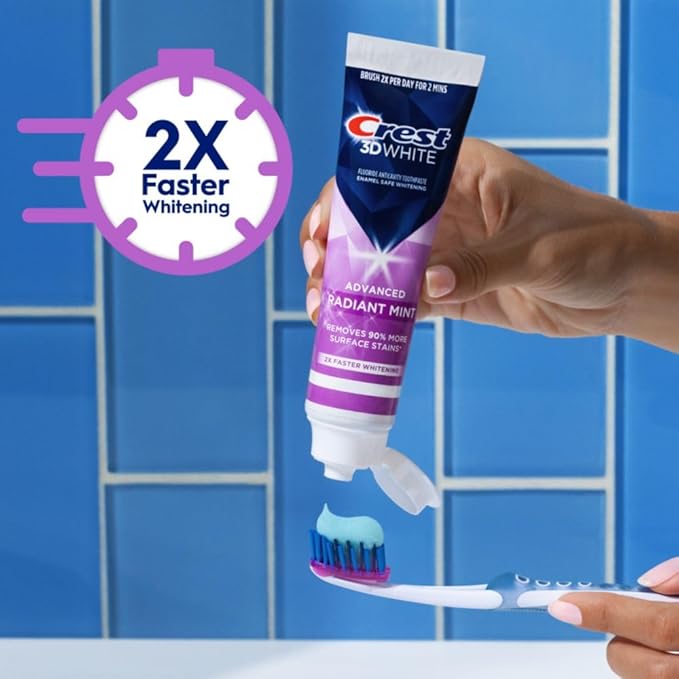 Crest 3D White Advanced Teeth Whitening Toothpaste, Radiant Mint, 3.3 oz, Pack of 2