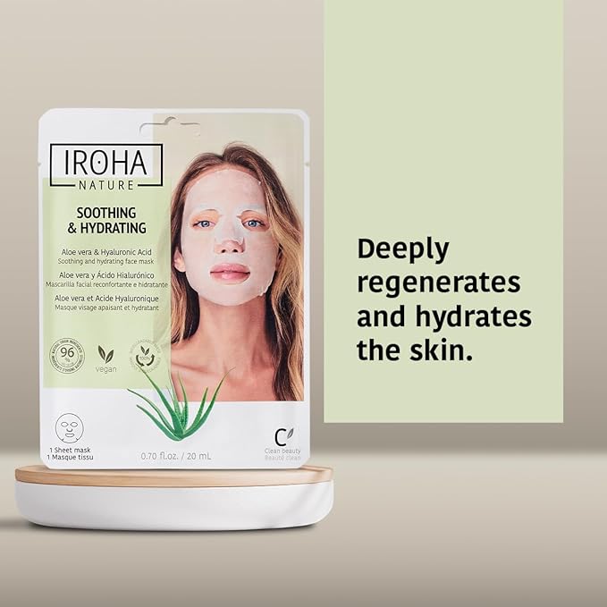 IROHA NATURE Comforting & Hydrating Tissue Face Mask with Aloe Vera | 15 Pieces | Aftersun Effect | 96% Natural Ingredients