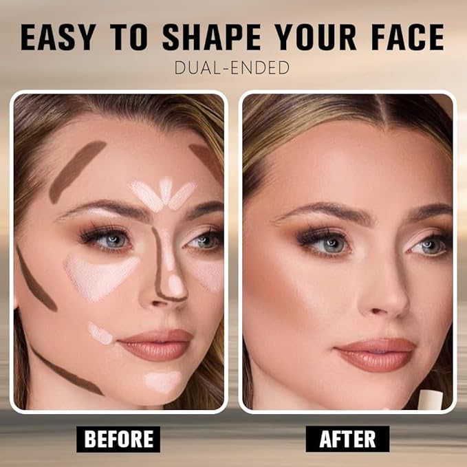 Dual-Ended 2-in-1 Cream Contour & Highlighter Stick – Waterproof, Long-Lasting for Face & Body Makeup, Suitable for All Skin Tones, 03#Darker Nude + Light Pink