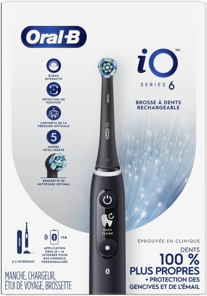 Oral-B iO Series 6 Rechargeable Electric Toothbrush with Visible Pressure Sensor to Protect Gums, 2 Minute Timer, 5 Cleaning Settings, 1 Replacement Toothbrush Head, and Travel Case, Black