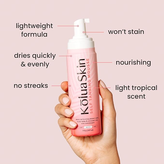 KoluaSkin by Koluawax Self Tanner Mousse, Medium - Natural-Looking Sunless Body Fake Tan - Dries Quickly w/No Streaks, Hydrates Skin - Light Tropical Scent, Dermatologist-tested for Sensitive Skin, 7oz