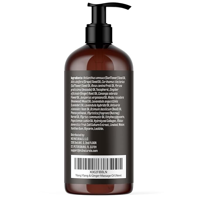 Ylang Ylang + Ginger Lymphatic Drainage Massage Oil – with Collagen & Stem Cells for Circulation, Detox & Cellulite Removal – Body Oil for Muscle Relief, Skin Firming & Relaxation – 8oz by M3 Naturals