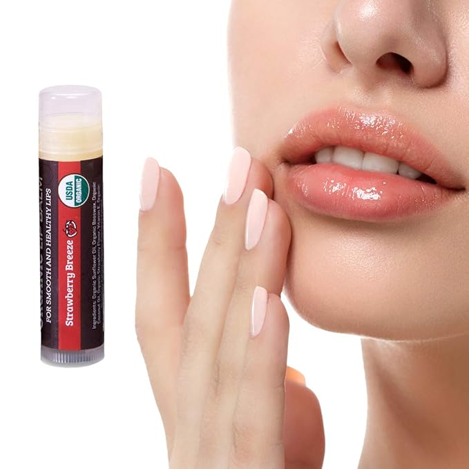 USDA Organic Lip Balm 4-Pack by Earth's Daughter - Strawberry Flavor, Beeswax, Coconut Oil, Vitamin E - Best Lip Repair Chapstick for Dry Cracked Lips.