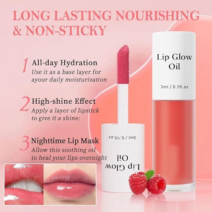 2Pcs Hydrating Lip Glow Oil,Plumping Lip Gloss,Moisturizing Transparent and Nourishing Non-stick Cup Fruit Flavored Lip Oil for Reducing Lip Lines and Lip Care(01#+07#)