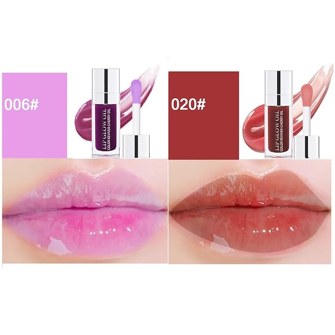 2 Colors Hydrating Plumping Lip Glow Oil,Moisturizing Lip Oil Gloss Transparent Glossy Lip Gloss Primer Lip Tint for Lip Care and Dry Lip (E176) (006#+020#)