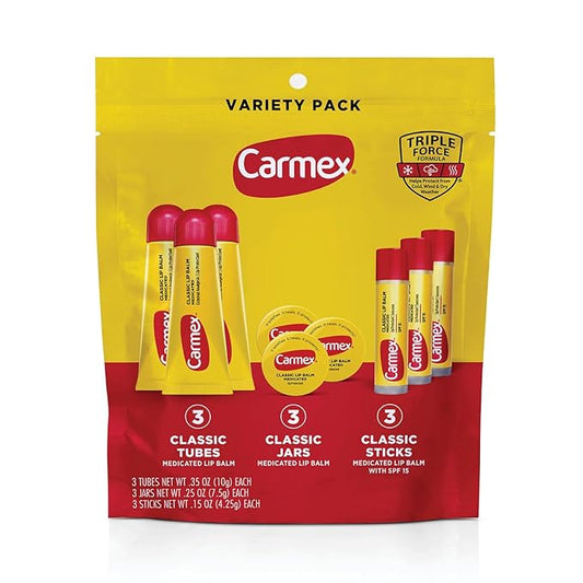 Carmex Classic Medicated Lip Balm Pack, Lip Moisturizer for Chapped Lips, 9-Count Variety Pack Bag (3 Tubes, 3 Sticks, 3 Jars)