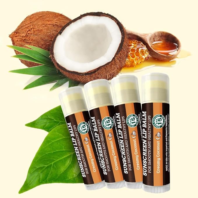 SPF Lip Balm 4-Pack by Earth's Daughter - Lip Sunscreen, SPF 15, Organic Ingredients, Coconut Flavor, Beeswax, Coconut Oil, Vitamin E - Hypoallergenic, Paraben Free, Gluten Free, New