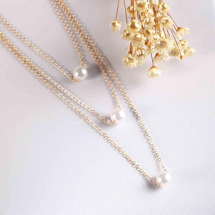 Boho Layered Pearl Necklace Choker Gold Pearl Pendant Necklace Multi Layer Vintage Necklace Chain Bridal Necklace Jewelry for Women and Girls