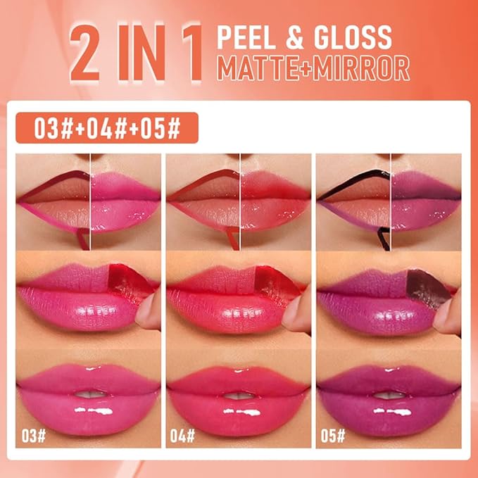 3Pcs Peel Off Lip Gloss Tattoo and Lip Oil, Lip Stain Peel Off Masque - Peel Off Lip Tint ,Long Lasting Waterproof Transfer-proof Lip Mask Lip Gloss Peel Off Lip Liner,Stay Lip Makeup 03#+04#+05#