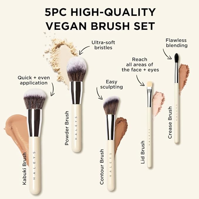 HALEYS Makeup Brush Set 5 pcs: Soft, Streak-free, Perfect Blending, Buff, Blurs and Smooth, Premium Luxury Vegan Bristles, For Liquid, Cream or Powder, Vegan, Cruelty-free, Sustainable Wood