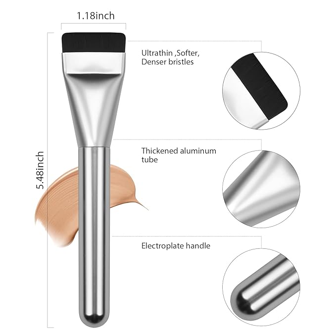 2Pcs Flat Foundation Brush,Face Mask Brush Makeup Spatula Facial Brush for Liquid Foundation Mask,Premium Face Korean Makeup Brush for Blending Cream (Black&Silver)