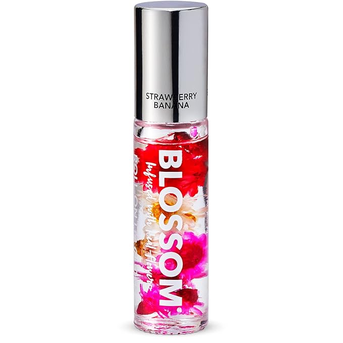 Blossom Roll on Lip Gloss, Scented Clear High Shine Moisturizing Lip Oil, Non Sticky, Infused with Real Flowers, Made in USA, 0.2oz, Strawberry/Banana