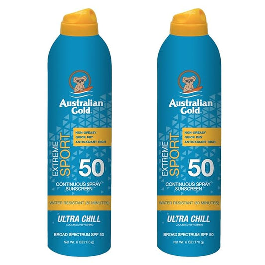 Australian Gold Extreme Sport Continuous Spray Sunscreen SPF 50 (Broad Spectrum/Sweat & Water Resistant/Non-Greasy/Oxybenzone Free/Cruelty Free), Sport - New, Coastal Breeze, 6 Oz (2 Pack)